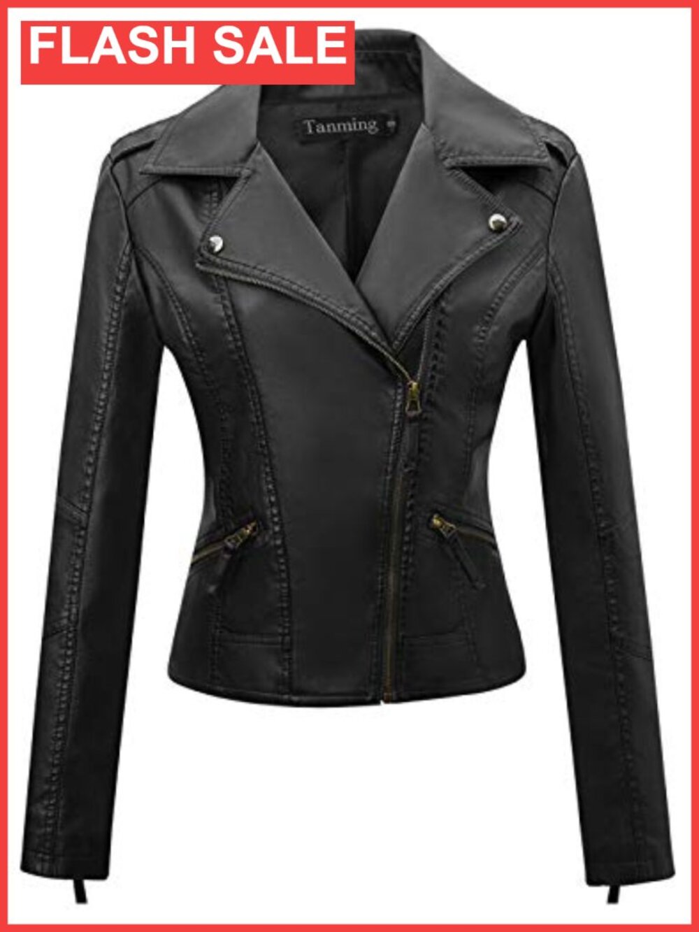 Faux Leather Moto Biker Short Coat Jacket Zip Up Notch Collar
